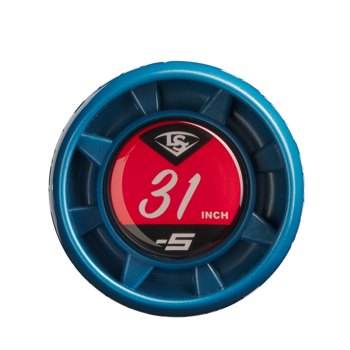 A close-up of the 2025 Louisville Slugger Meta Prime (-5) 2 3/4" USSSA Baseball Bat end cap shows a blue rim, red center, and "31 INCH" and "-5" text. This used bat features a large barrel for powerful hits.
