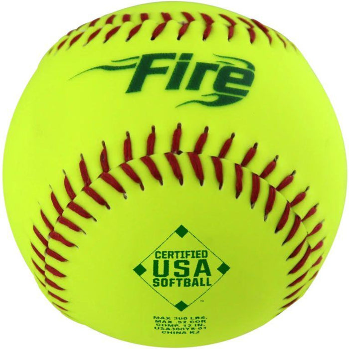 The Baden USA Fire 12" 52/300 Synthetic Slowpitch Softballs (USA300YS) features a yellow cover, red stitching, and a powerful Fire power core.