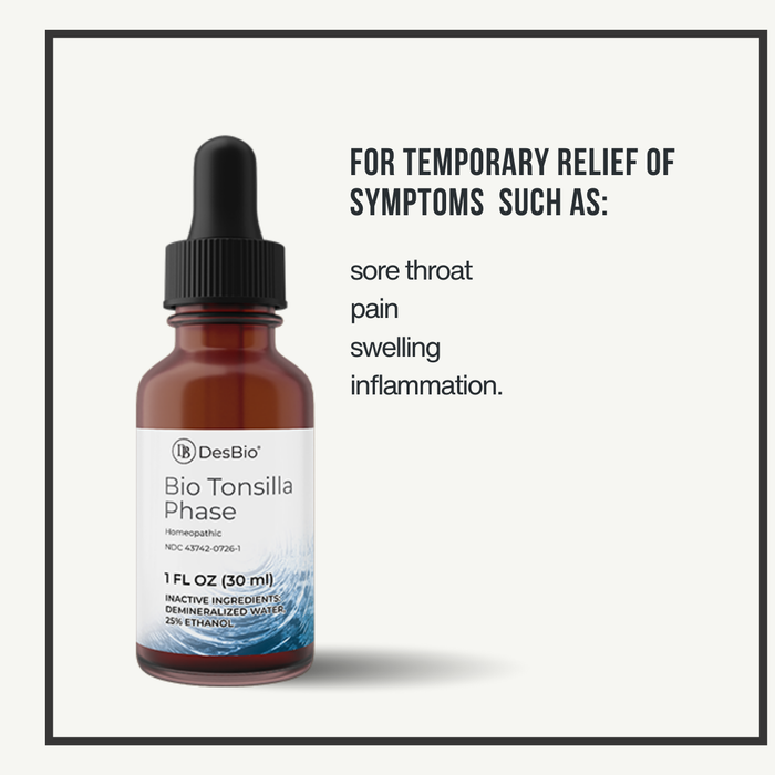 Bio Tonsilla Phase by DesBio for the temporary relief of symptoms such as sore throat, pain, swelling, and inflammation.