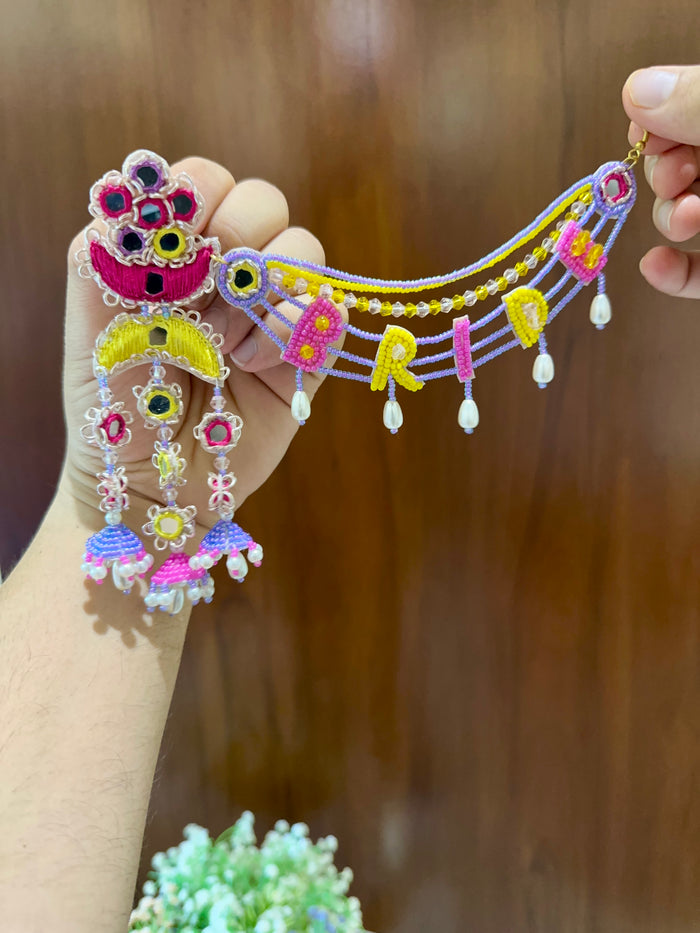 BRIDE Beaded Passa Earring & Tikka Set | Lavender, Pink & Yellow | Mehandi Jewellery