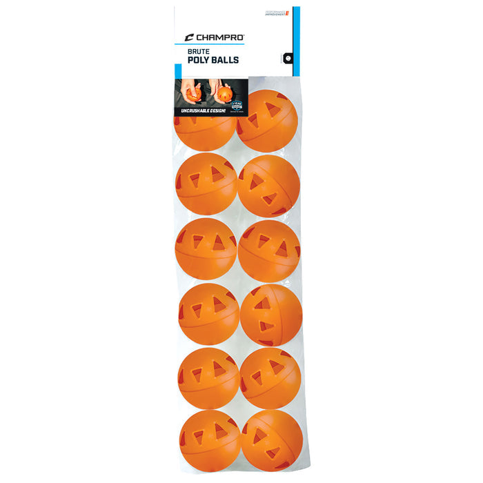 The Champro Sports Brute 9" Poly Training Balls: CBB4 are heavy-duty orange balls with jack-o-lantern faces, ideal for baseball training. Pack of 12 comes in a clear bag, arranged in three vertical columns.
