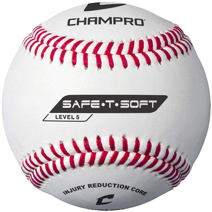 A white Champro Sports SAFE-T-SOFT Level 5 Baseball (CBB-65) features red stitching, printed black text, and an injury reduction core for low compression.