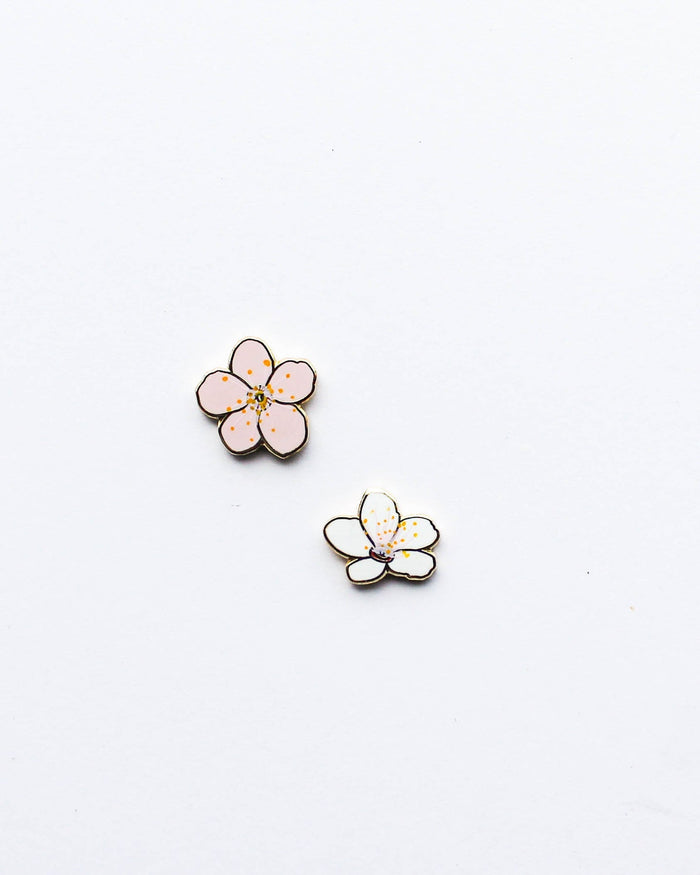 Cherry blossom enamel pin set with two flower pins, pastel pink and gold accents