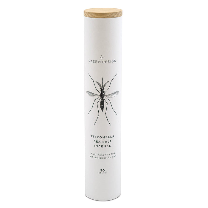 Citronella sea salt incense tube with wood lid and printed insect graphic