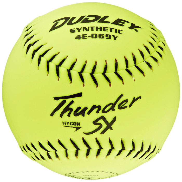 The Dudley NSA Thunder SY Hycon 12" 52/275 Synthetic Slowpitch Softball (4E069Y) features bright yellow color, black stitching, and printed text—ideal for slowpitch games. Brand: Dudley.