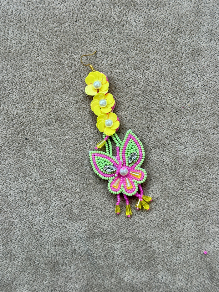 Dulhan Beaded Butterfly Earring & Tikka Set – Hot Pink & Lime Green
