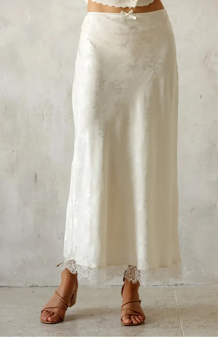 Floral Satin Lace Trim Midi Skirt