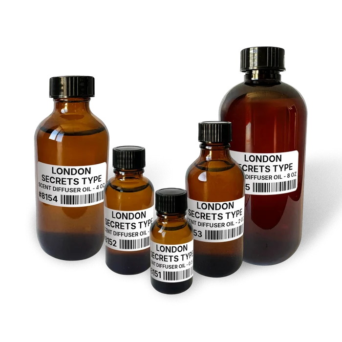 London Secrets Type Scent Diffuser Oil - 1 lb (454 g) bottle image for Scent Diffuser Oil 1 lb. Composite bottle lineup showing 0.5 oz, 1 oz, 2 oz, 4 oz, and 8 oz sizes.