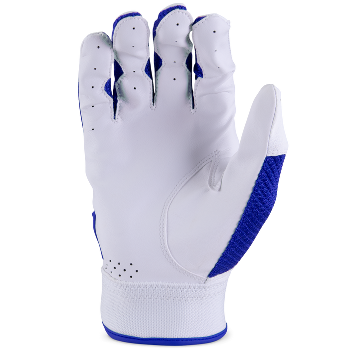The Marucci Code Youth Batting Gloves (MBGCD2Y) by Marucci are shown palm-up on a white background, featuring a leather palm, ventilation holes, and textured blue mesh material along the side and wrist.