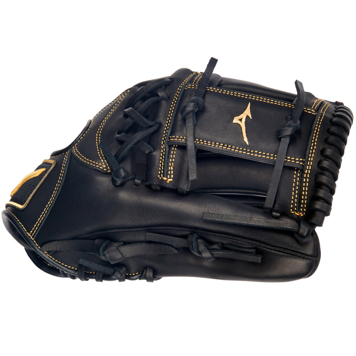 The Mizuno MVP Prime 11.5" Baseball Glove (GMVP1151P4) features Bio Soft Leather, tan stitching, and a gold logo on the back, shown from the side with visible pocket and webbing.