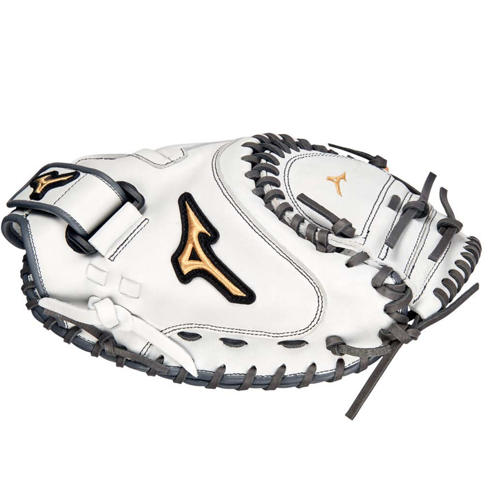 The Mizuno MVP Prime 34" Fastpitch Catcher's Mitt (GXS50PF4W) is a white softball glove with black lacing, gold accents, Bio Soft Leather, and a black and gold Mizuno logo on the thumb.