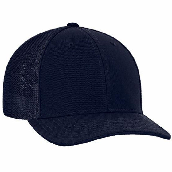 The Pacific Headwear Flex Fit Trucker Umpire Hat: 404M is a plain black cap with a U-Shape visor and mesh back panel, displayed at an angle on a white background.