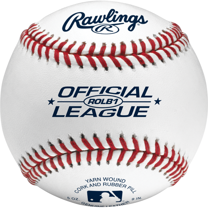 The Rawlings ROLB1 Official League Baseball features red stitching, blue "OFFICIAL LEAGUE" text, and the Rawlings logo on classic white leather—ideal for youth baseball.