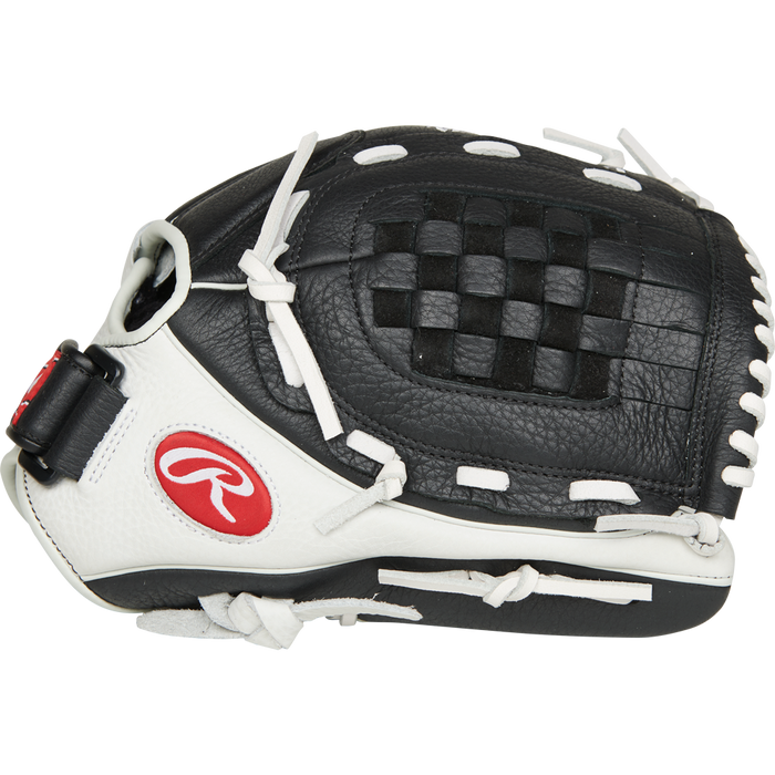 The Rawlings Shut Out 12" Fastpitch Glove (RSO120BW) features a black and white design, woven web, white laces, and the signature red Rawlings logo—perfect for female athletes who want style and performance.