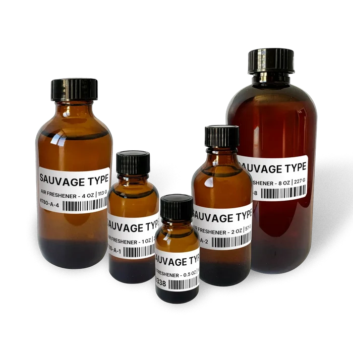 Sauvage Type Air Freshener - 4 lb | 1.81 kg bottle image for Air Freshener 4 lb. Composite bottle lineup showing 0.5 oz, 1 oz, 2 oz, 4 oz, and 8 oz sizes.