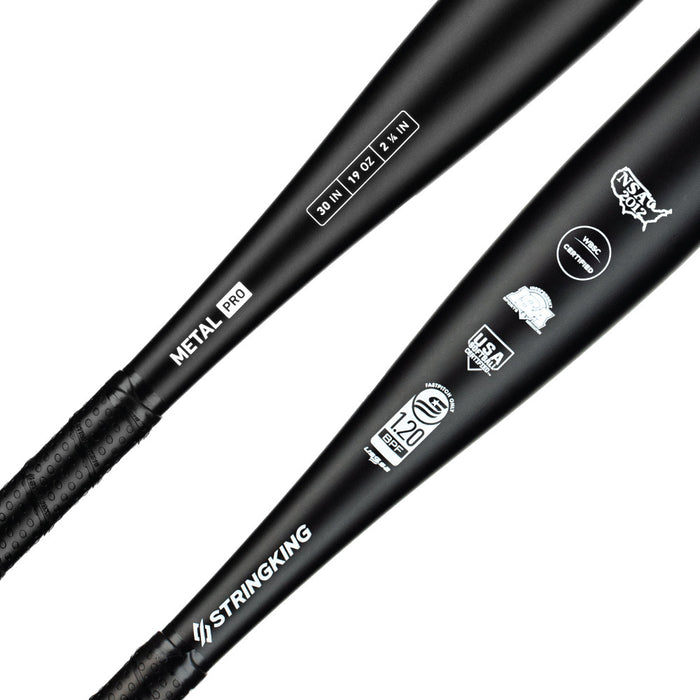 Two black StringKing Metal Pro (-11) Fastpitch Softball Bats feature white branding, specs, and certification logos. These bats offer a balanced swing weight and display detailed measurements and certified marks.