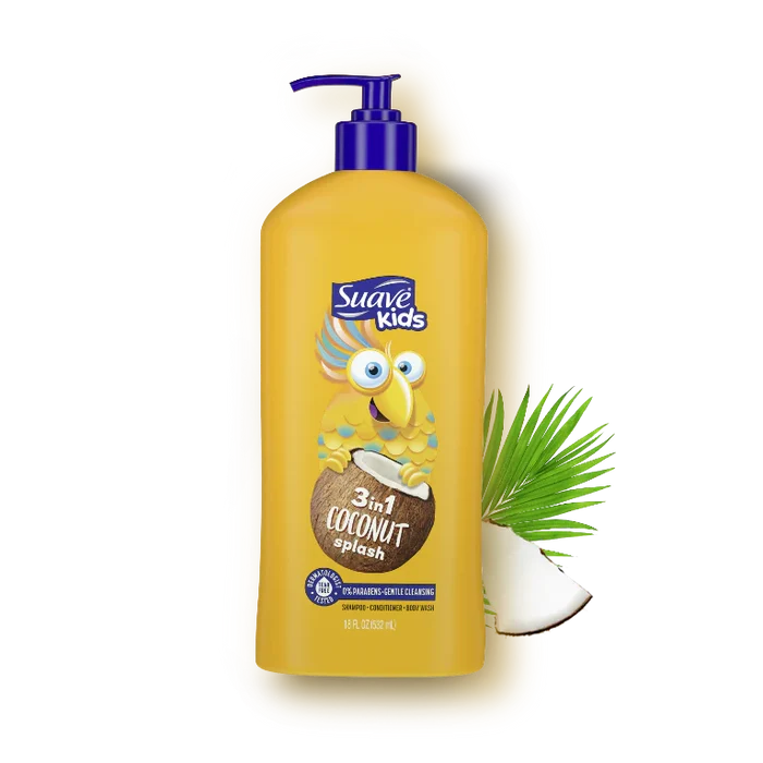 SUAVE Kids 3 in 1 coconut splash 0% parabens gentle cleanser shampoo, conditioner body wash منتج العناية بالاطفال ثلاثة في واحد شامبو و بلسم و غسول للجسم من سواف