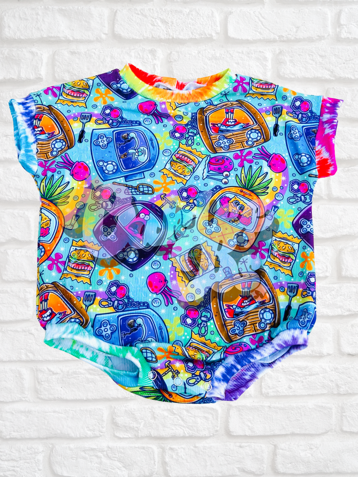 Tie Dye Sponge Tee Romper w Snaps