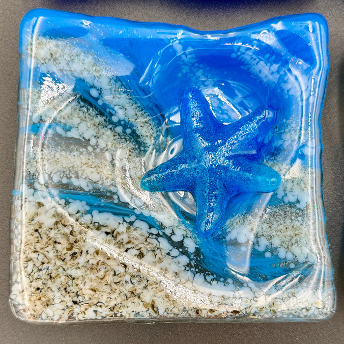 Turquoise & Sand Coastal Square Heart Trinket Dish