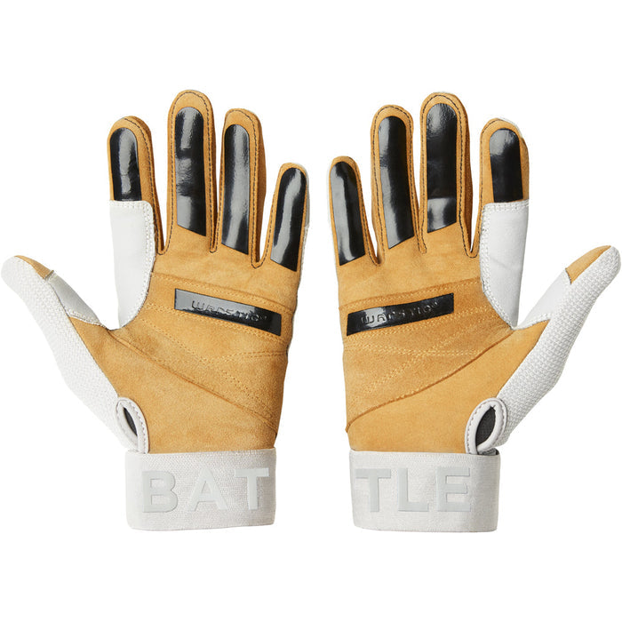 The Warstic Workman3 Youth Batting Gloves: BG-W3 feature tan and white design, black-tipped fingers, suede palms, wrist straps with "BATTLE" in raised white letters, and offer durable wrist support for young baseball players.