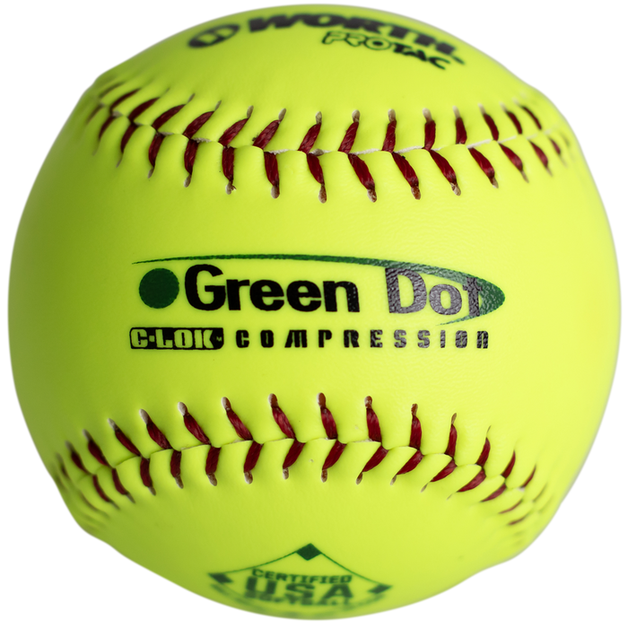 The Worth USA Hot Dot 11" 52/300 Synthetic Slowpitch Softball (AHD11SY) features a bright yellow cover, red stitching, and green “Green Dot C-LOK Compression” text—perfect for fans of high-quality 11" slowpitch softballs.