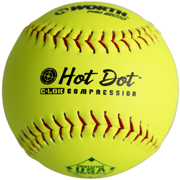 The Worth USA Hot Dot 12" 52/300 Composite Slowpitch Softball (AHD12CY) is bright yellow with red stitching, features the Worth logo, "Hot Dot C-LOK Compression," and USA/ASA certification printed on its surface.