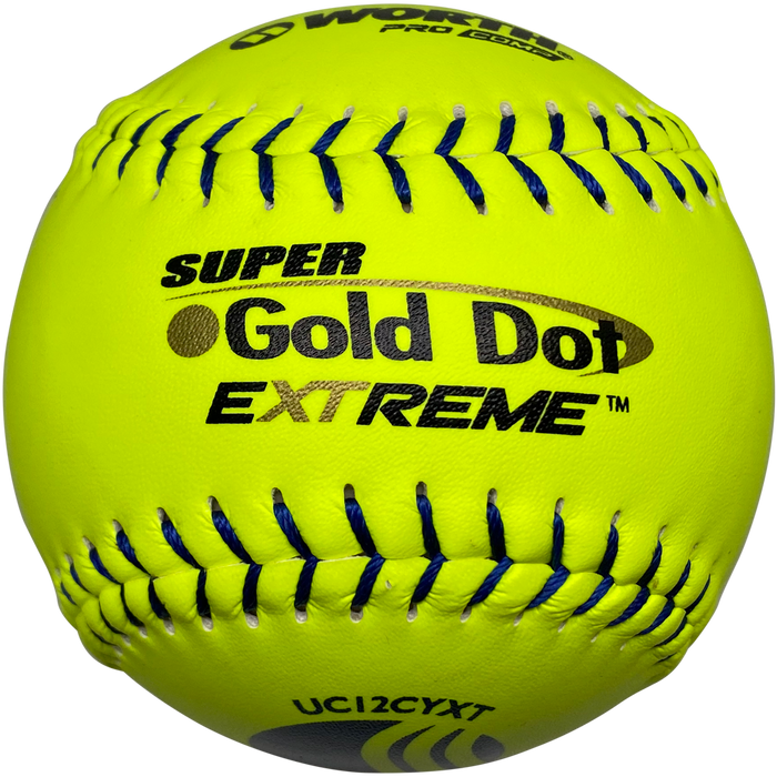 The Worth USSSA Super Gold Dot Extreme Classic M 12" 40/325 Composite Slowpitch Softball (UC12CYXT) features bright yellow skin, blue stitching, and bold black labeling—ideal for USSSA slow pitch softball games.