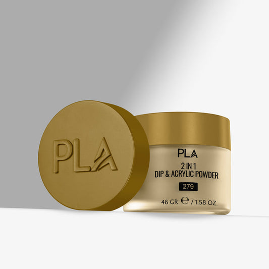 Gold jar of PLA 2-in-1 Dip & Acrylic Powder with lid on a light gray background