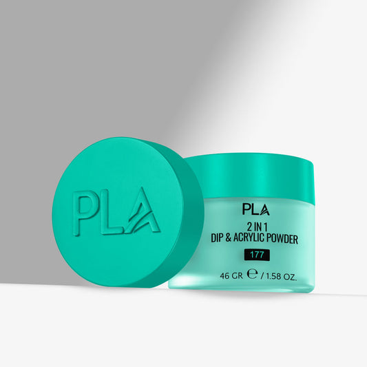 Green container of PLA 2-in-1 Dip & Acrylic Powder with lid on a gray background