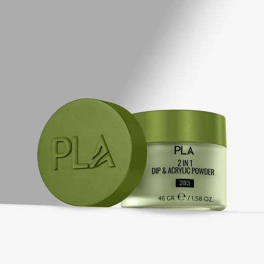 Green jar of PLA 2-in-1 Dip & Acrylic Powder with lid on a gray background