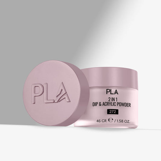 Pink jar of PLA 2 in 1 Dip & Acrylic Powder on a light gray background