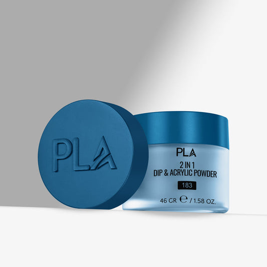 Blue jar of PLA 2 in 1 Dip & Acrylic Powder with blue lid on a gray background