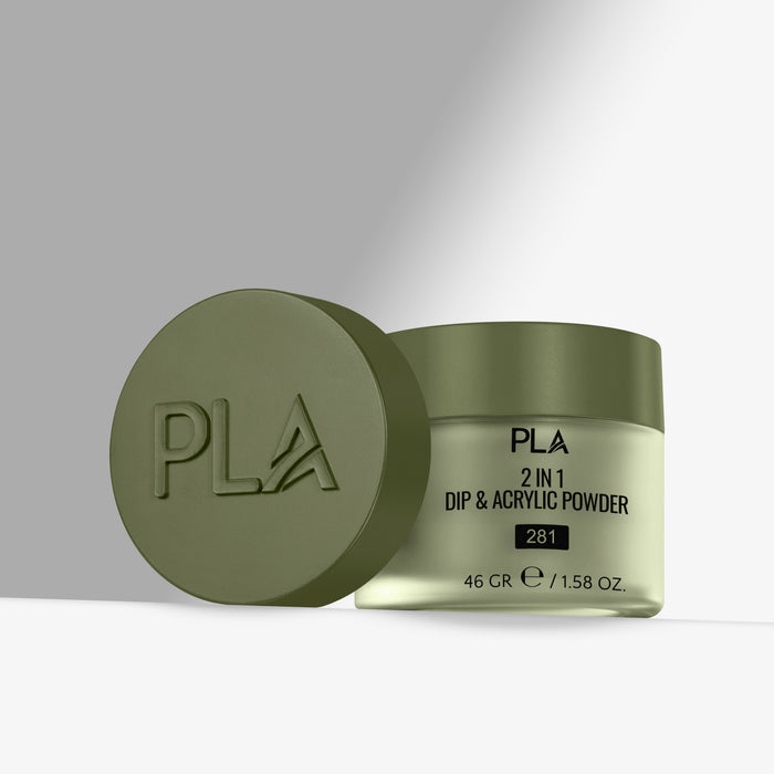 Green jar of PLA 2 in 1 Dip & Acrylic Powder with lid on a light gray background