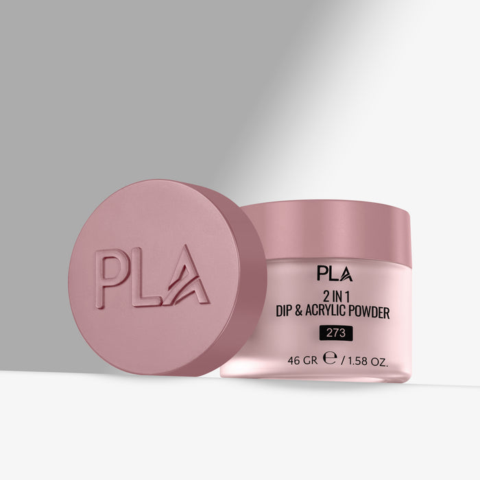 Pink jar of PLA 2 in 1 Dip & Acrylic Powder with a matching pink lid on a light gray background.