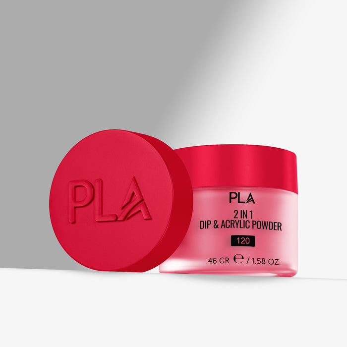 Red container of PLA 2 in 1 Dip & Acrylic Powder with a matching red lid on a gray background