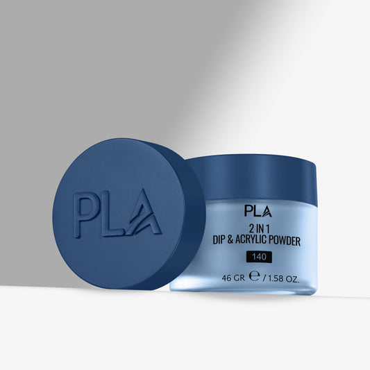Blue jar of PLA 2 in 1 Dip & Acrylic Powder with blue lid on a gray background