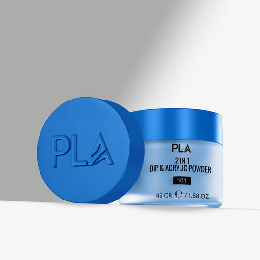 Blue container of PLA 2 in 1 Dip & Acrylic Powder on a gray background