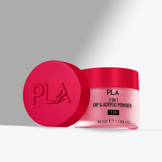 Red jar of PLA 2 in 1 Dip & Acrylic Powder with red lid on a gray background