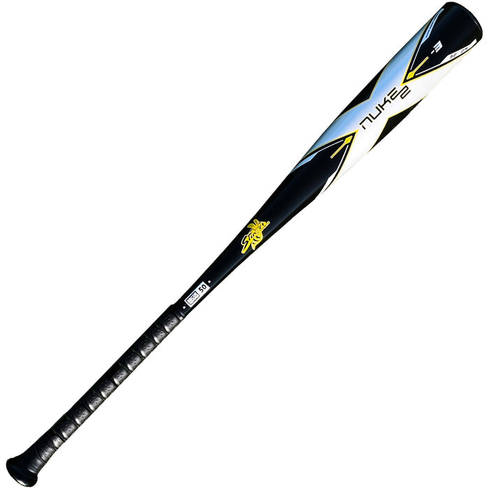The 2022 Stinger NUKE 2 (-3) BBCOR Baseball Bat by Stinger Sports is black and silver with a yellow graphic and NUKE branding, featuring Power Loaded Barrel Technology and a textured grip handle.