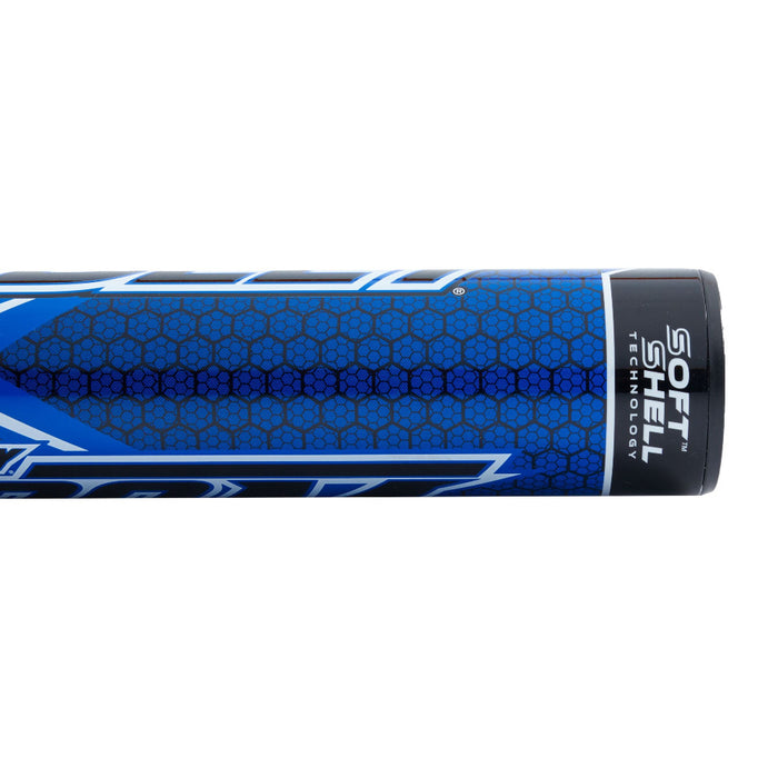 Close-up of a blue Dudley 2023 Doom (-10) Fastpitch Softball Bat (DDFP10) featuring a hexagonal grip and "SOFT SHELL TECHNOLOGY" printed in white on the black end of the handle.