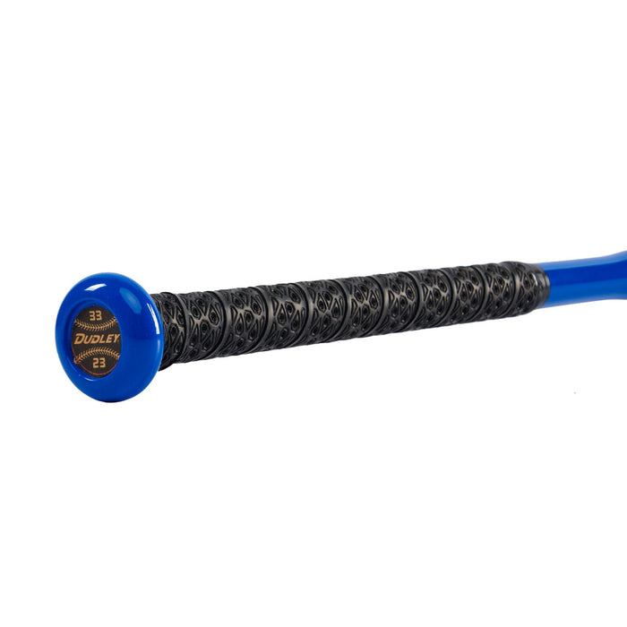 A close-up of the handle of a blue 2023 Dudley Doom (-10) Fastpitch Softball Bat (DDFP10) with a black textured grip and a gold knob sticker reading 33 Dudley 23.
