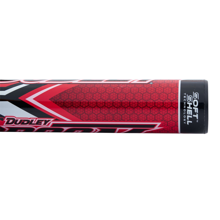 Close-up of a red, black, and silver 2023 Dudley Doom (-11) Fastpitch Softball Bat (DDFP11) featuring a hexagonal pattern, the Dudley logo, and a Soft Shell Technology label on its composite barrel.