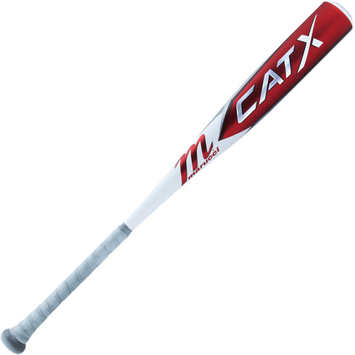 The 2023 Marucci CATX (-8) USSSA Baseball Bat (MSBCX8, USED) features a white and red design, Marucci branding on the barrel, a gray handle grip, and durable one-piece alloy construction.