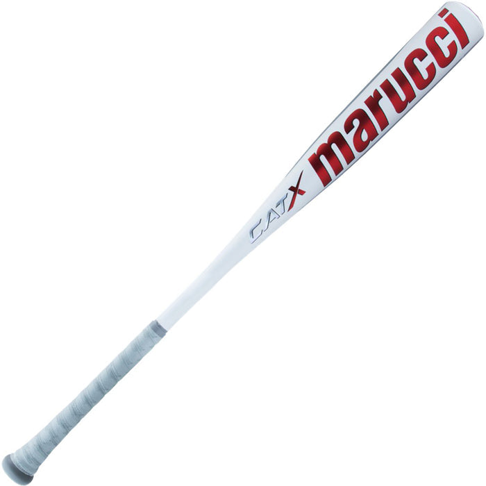 The 2023 Marucci CATX (-8) USSSA Baseball Bat features a white, balanced design with bold red Marucci branding, CATX Senior League label in silver/red, gray grip tape, and a liquid-gel dampening knob for comfort.