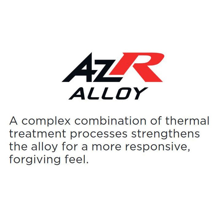 Text reads: “AzR ALLOY. Special thermal treatments boost the AzR alloy, giving the 2023 Marucci CATX (-8) USSSA Baseball Bat a more responsive, forgiving feel.” AzR is bold with a red R.