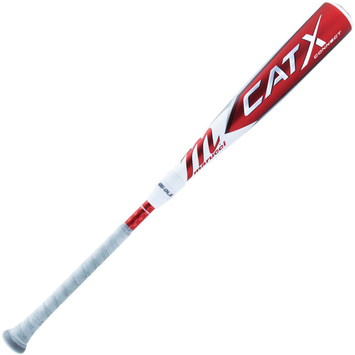 A 2023 Marucci CATX Connect (-8) 2 3/4" USSSA Baseball Bat (USED) in red and white, featuring a gray grip and AZR alloy barrel from Marucci, is shown on a white background.