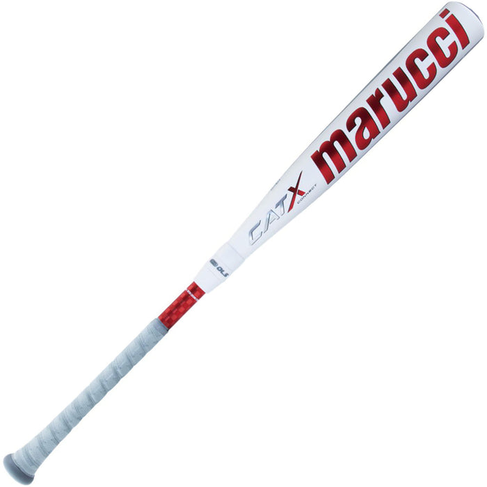 The 2023 Marucci CATX Connect (-8) USSSA Baseball Bat (USED) features a white design with red accents, bold red Marucci branding on the barrel, gray grip tape, and an AZR alloy barrel for top performance.