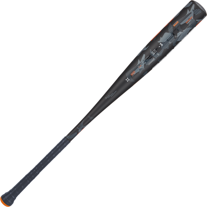 The 2024 AXE Strato 2 (-3) BBCOR Baseball Bat (L137M-FLR) features a black and gray design with orange accents, a pro flared Axe handle, textured grip, and geometric barrel patterns for a power hitter's sweet spot.