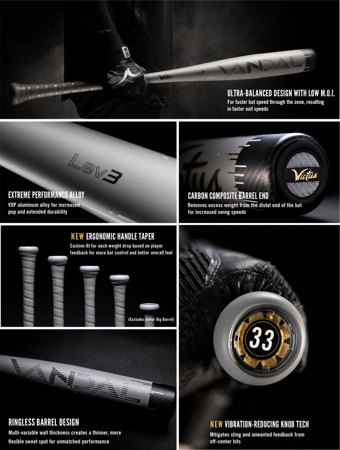 A collage of images and text highlights the 2024 Victus Vandal Lev3 (-5) USSSA bat, showcasing its balanced build, alloy construction, carbon composite end cap, ergonomic grip, ringless barrel, and vibration-reducing knob.
