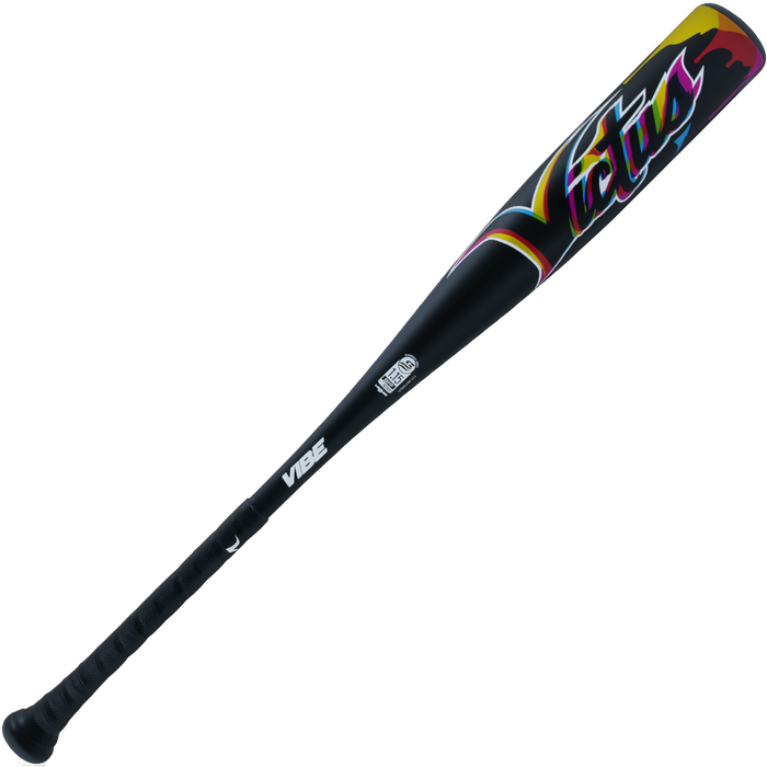 The 2024 Victus Vibe (-10) USSSA Baseball Bat (VSBVIB10-DM) features a black, one-piece aluminum design with a vibrant barrel logo, vibration-reducing knob, and textured grip.